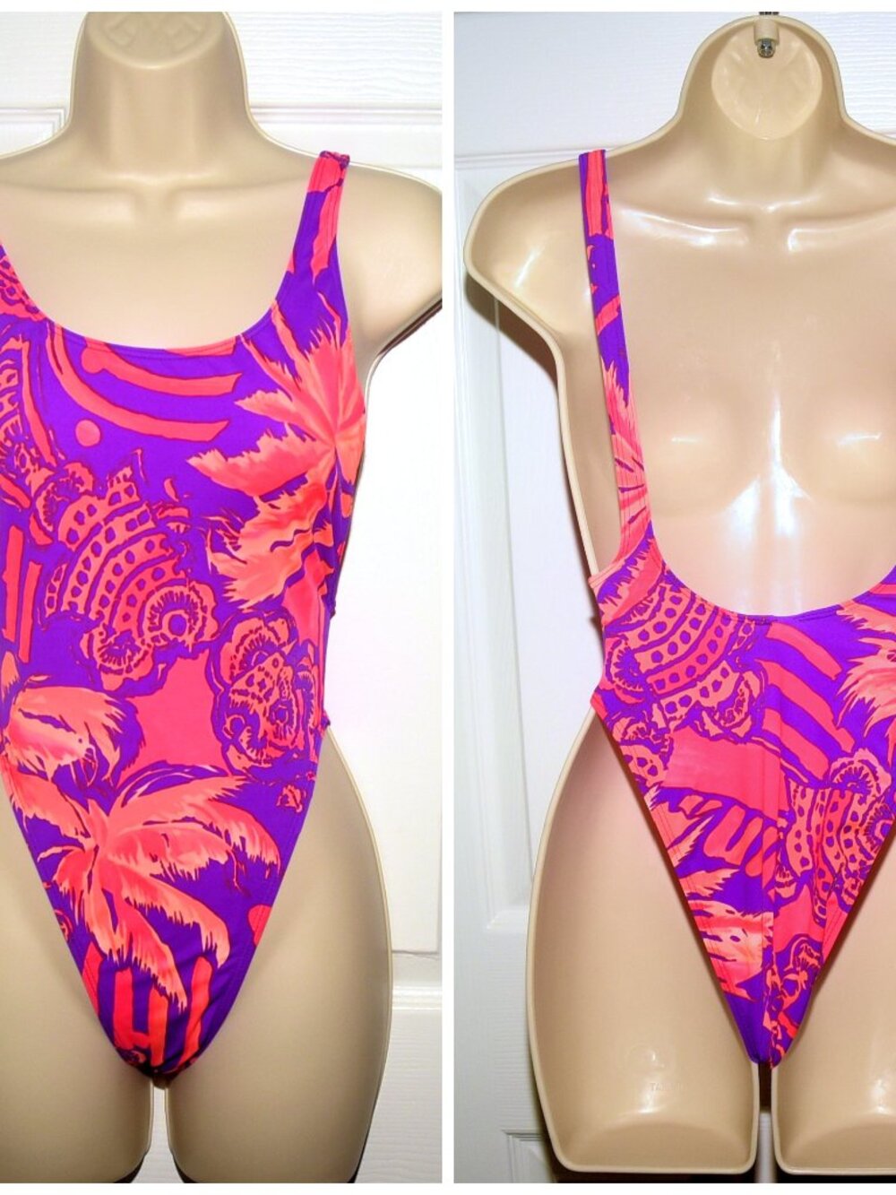 Vintage 80's RARE Jimmy' Z Tropical Print 1-Piece Swimsuit XXS High Cut USA Made